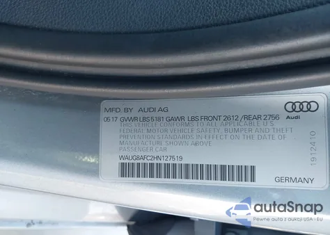 2017 Audi A6 2.0T Premium z USA, uszkodzony, nr VIN WAUG8AFC2HN127519